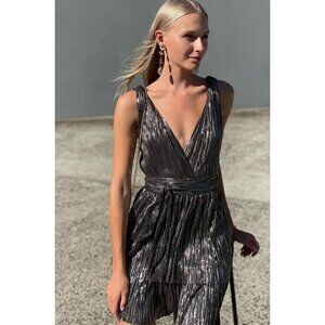 SABINA MUSAYEV Alma Plisse Tiered Mini Dress Black Metallic Womens Size Medium